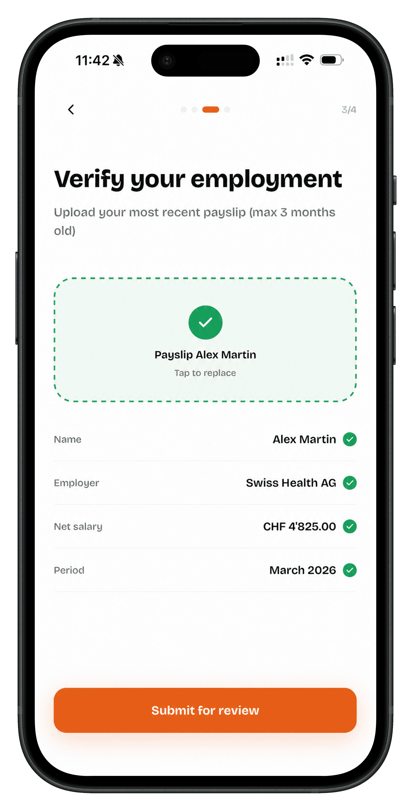 Avans payslip verification screen