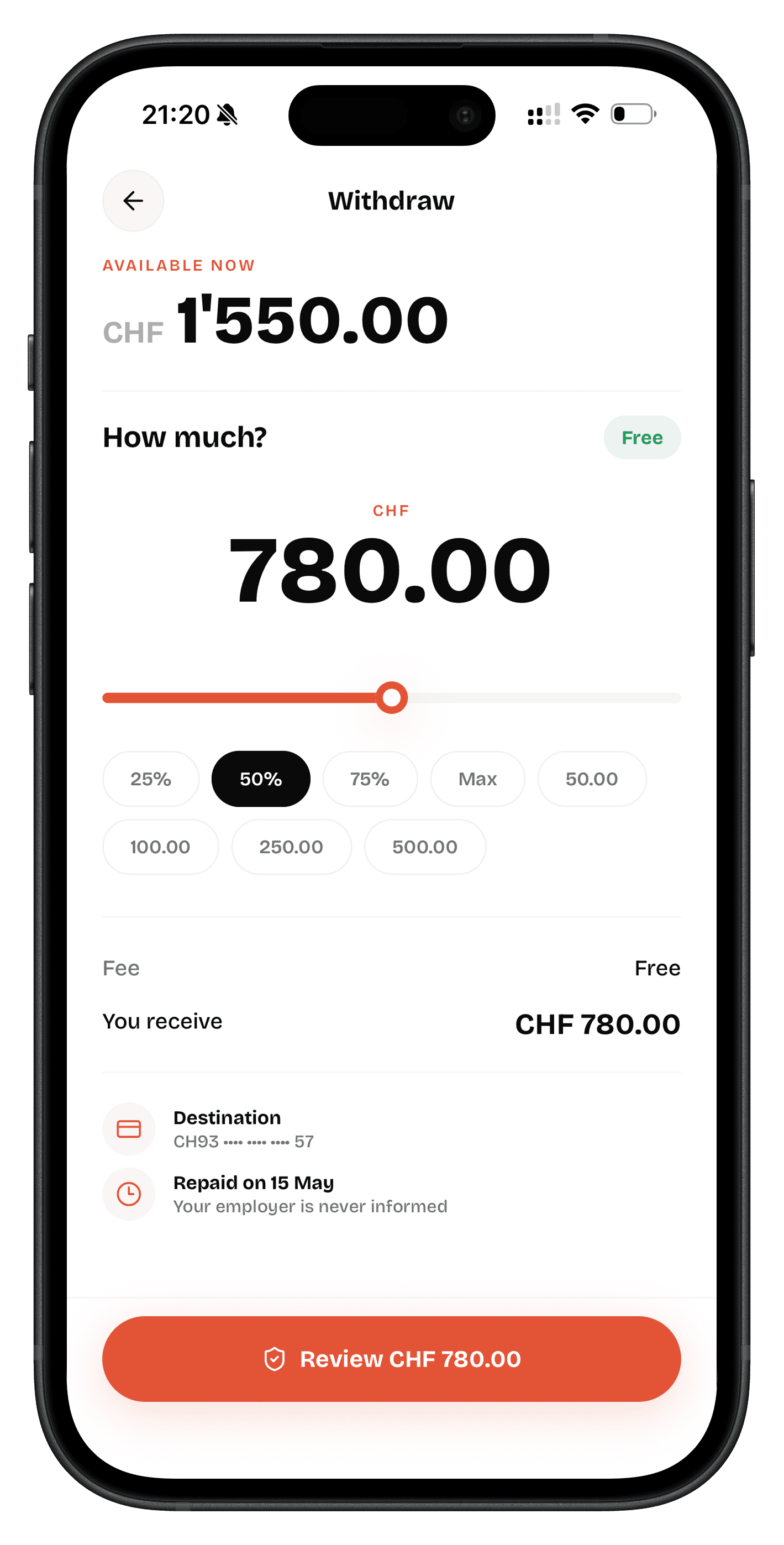 Avans withdrawal amount screen
