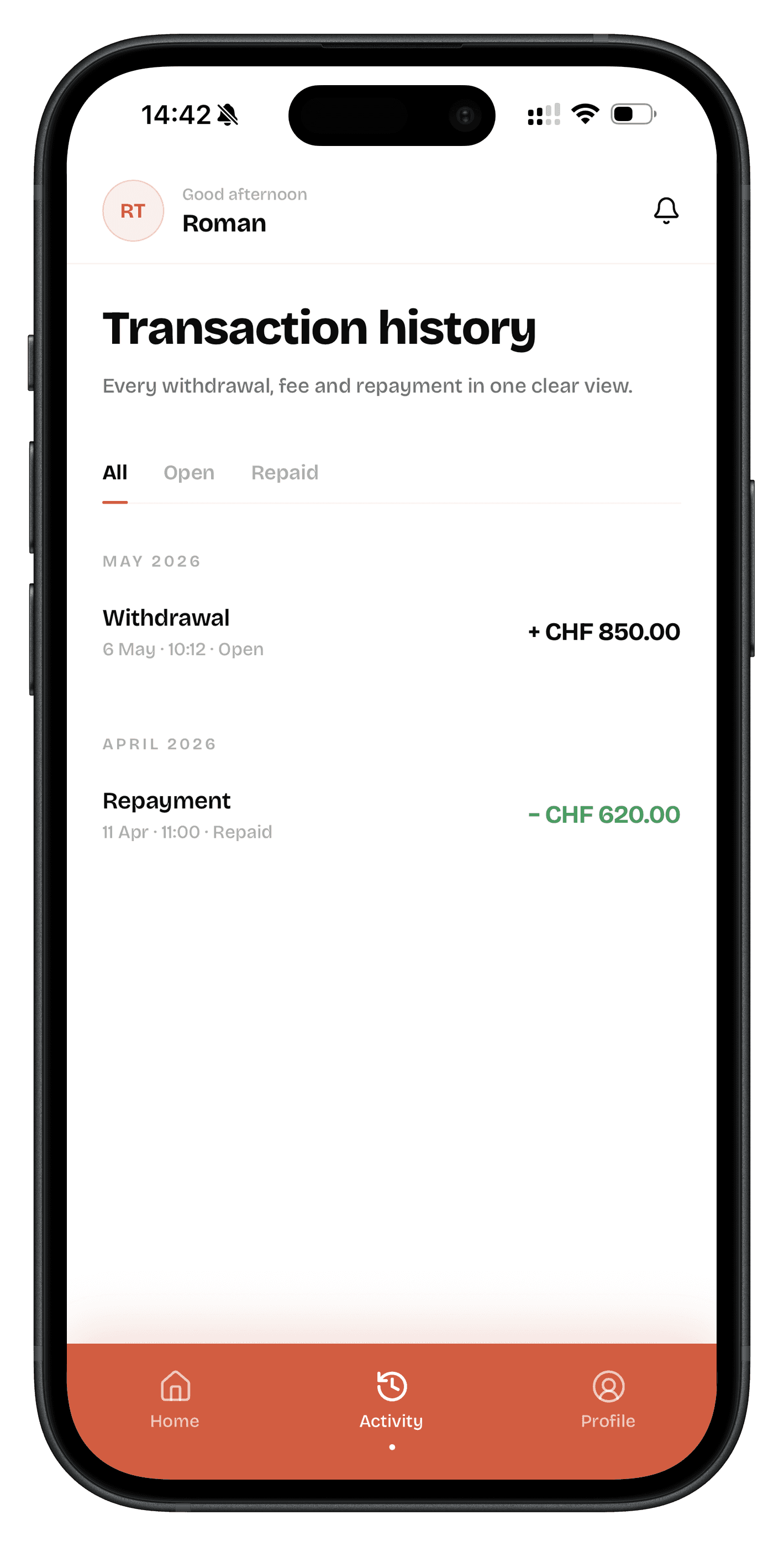 Avans transaction history screen