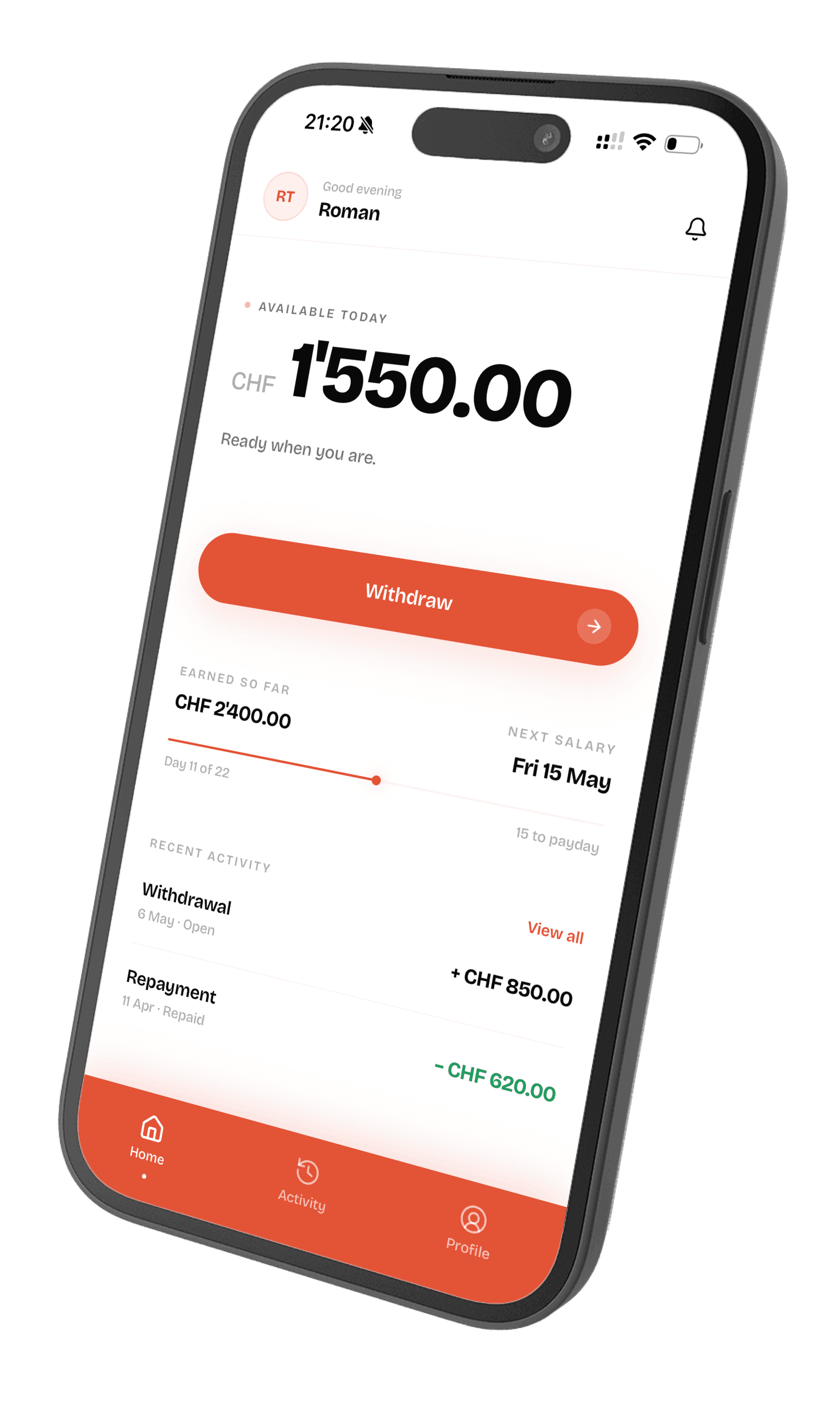 Avans app on iPhone — CHF 1'550 available today